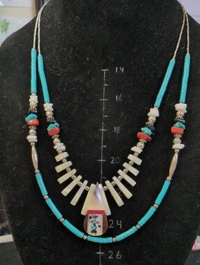 Turquoise, Mother of Pearl, and Coral Multi-Strand Native American Necklace